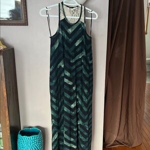 RACHEL Rachel Roy Green and Black Chevron Maxi Dress with Lace Yoke